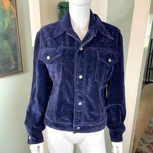 Vintage 70s Navy Blue Velvet Jean-Denim-Style Jacket Wide Collar felt velveteen